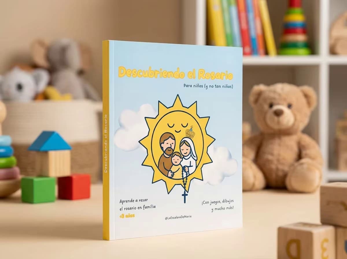 El libro «Descubriendo el rosario», de pie sobre una mesa entre juguetes de madera